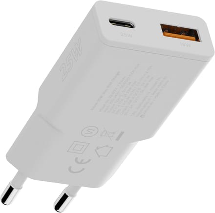 Xtorm Go2 Slimline USB C Adapter - Dubbele Poort USB-C / USB Charger - 25W Snellader voor Telefoon/Tablet/Ipad - Compacte USB C Oplader - Wit