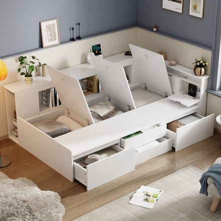 REDOM Ledikant 90x200 cm – MDF wit – Met 4 lades, boekenplank & opbergruimte – Kindvriendelijk