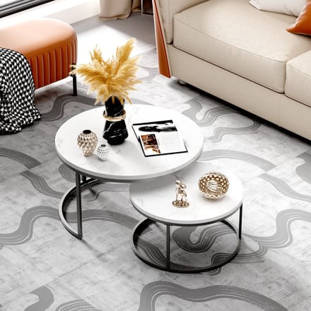 STILVORA Salontafel Set van 2 – Rond & Stapelbaar – Stevig Metaal Frame – MDF Bovenblad – Verstelbare Voeten – 70×70×45 cm & 45×45×37 cm – Wit