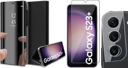 Hoesje geschikt voor Samsung Galaxy S23 Plus - Screenprotector GlassGuard & Camera Lens Screen Protector - Book Case Spiegel Zwart
