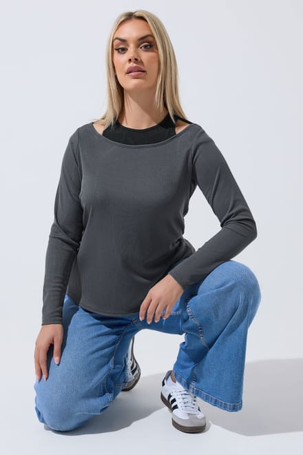 Limited Collection Grijs 2In1 Geribbeld Tshirt Met Lange Mouwen Size 46