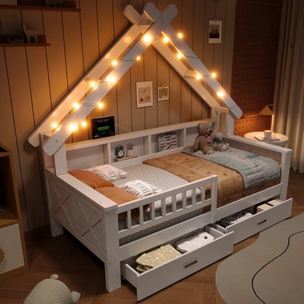 Huisbed - 90x200 cm - Platformbed met Led-verlichting - Laden en Opbergruimte - Hout - Wit