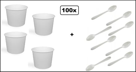 100x Soepbeker wit karton 250ml en 100x herbruikbare lepels wit - Soep salade beker festival warme dranken maaltijd carnaval