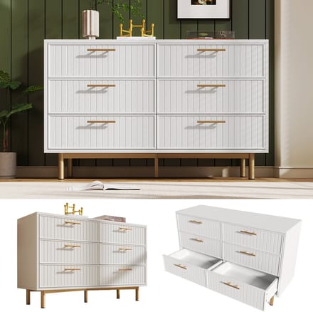 Kommode - 120x40x75 cm - 6 laden & geribbelde fronten - goudkleurige handgrepen - metalen sokkel