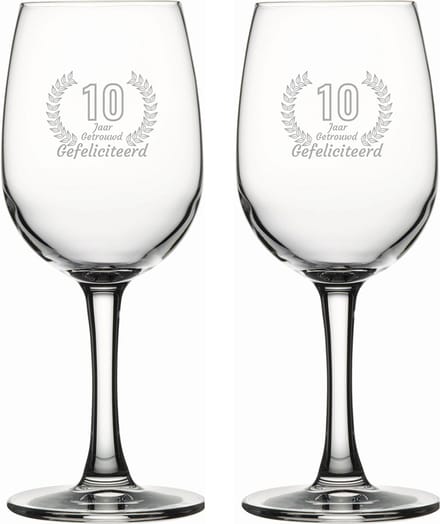Gegraveerde set witte wijnglazen 26cl Gefeliciteerd 10 jaar getrouwd
