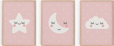 Babykamer/kinderkamer posters - 3 Posters - Roze - 20x30 cm - Wolk, ster & maan