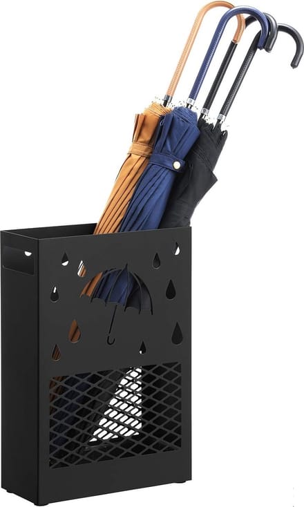 MIRA Home - Paraplubak - Parapluhouder met Lekbak en 4 Haken - Metaal - Zwart - 12x28x41 cm