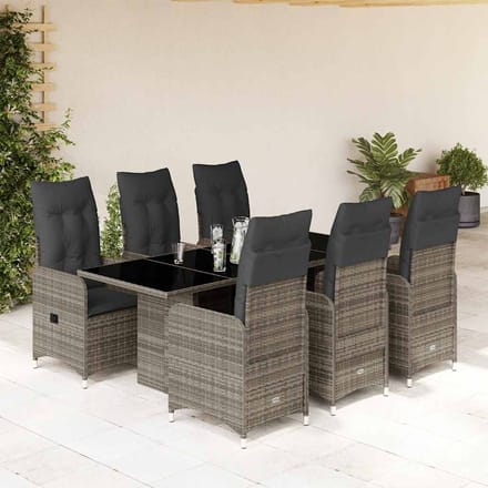 vidaXL - 7-delige - Bistroset - met - kussens - poly - rattan - grijs
