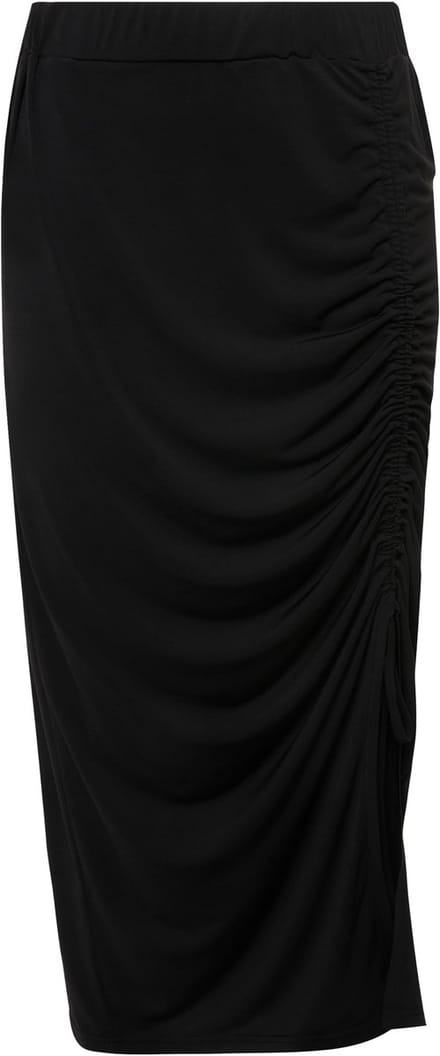 Ulla Popken - Dames - Midi-rok split rimpeling smalle elastische tailleband - Zwart - Maat 54+