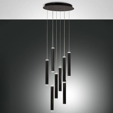 Fabas Luce Hanglamp Prado, zwart, 8-lamps, Ø 40 cm, dimbaar