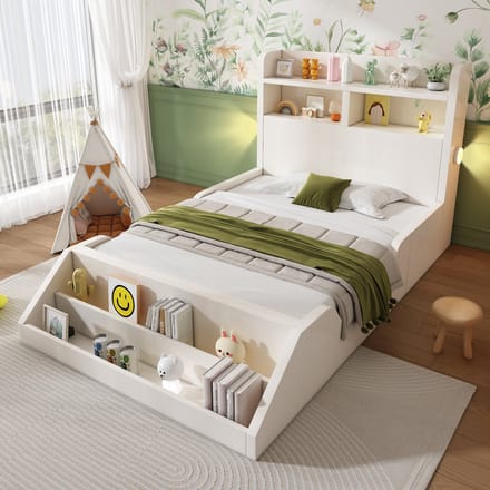 MODFU - Bedframe 90x200 cm – Met 2 nachtlampjes & afneembaar boekenrek – Wit hout