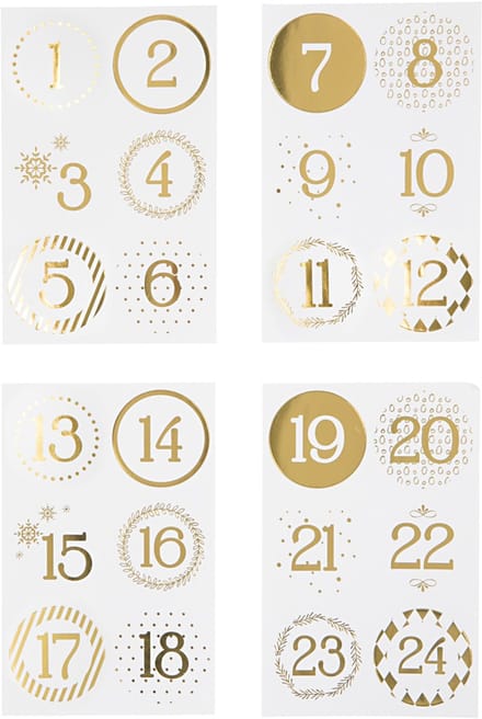 Kerstkalender cijfer stickers, d 40 mm, vel 9x14 cm, goud, wit, 4 vel