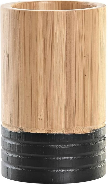 Items Tandenborstelhouder - drinkbeker - hout - beige/zwart - 7 x 11 cm - badkamer accessoires
