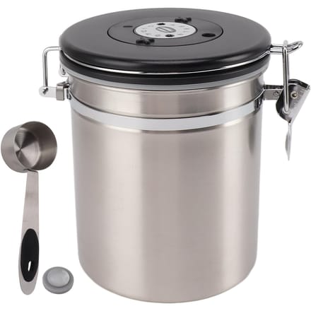 Boîte à café 1,5L Récipient à café avec cuillère Doseur Suivi de la date Acier inoxydable Polyvalent Hermétique Silver gray