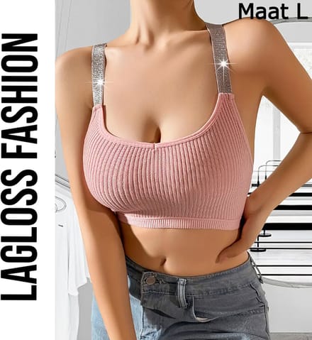LaGloss® Roze Top met Glitter Schouder Bandjes – Geribbeld, Elastisch & Ademend Tank Top – Maat L