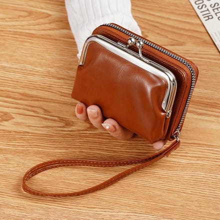 Porte-monnaie Rétro pour Dames avec Fermeture Éclair et Porte-cartes marron clair