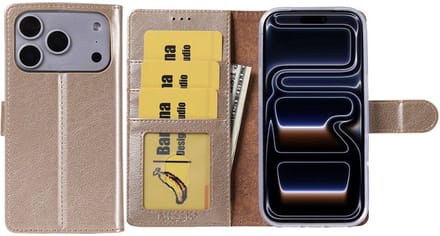 Hoesje Geschikt voor iPhone 17 Pro – Arara bookcase met pasjeshouder - Goud