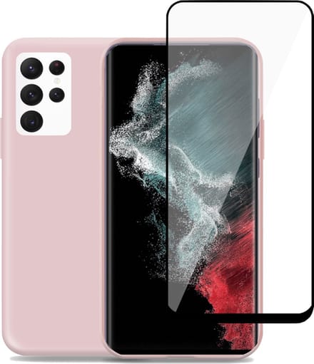 Hoesje geschikt voor Samsung S22 Ultra + Screenprotector – Full Screen Tempered Glass - Liquid Back Case Cover Rose