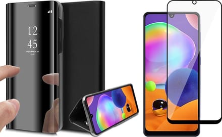 Hoesje geschikt voor Samsung Galaxy A31 - Screen Protector FullGuard - Book Case Spiegel Zwart & Screenprotector
