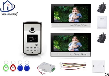 Home-Locking complete deur intercom/videofoon met 2 binnen 9" panelen en elektro box 12VDC voor aansluiting elektrisch slot.DT-2225-1E-2