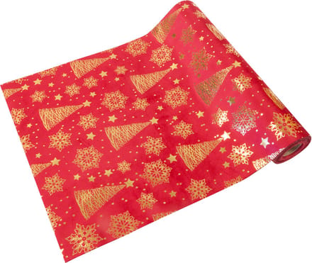 HOBI - Rood fluwelen tafelloper met gouden kerstbomen 3m voor Kerstmis
