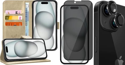 Hoesje geschikt voor iPhone 15 Plus - Privacy Screenprotector FullGuard & Camera Lens Screen Protector Zwart - Book Case Kunstleer Pasjeshouder Goud