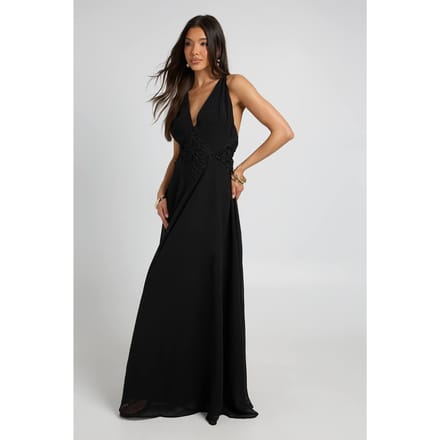 boohoo Dames Chiffon Maxi Jurk Met Applicatie Detail En Floaty Effect | Zwart | Maat: 42