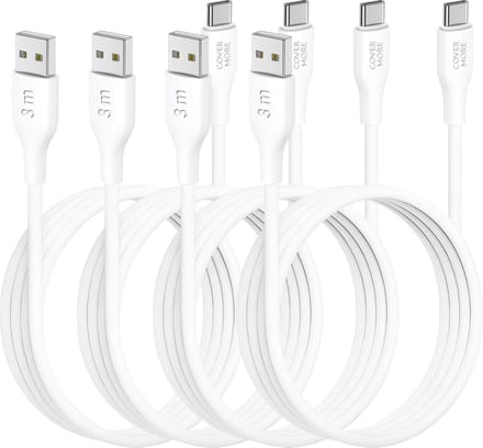 Usb C kabel 3 meter - Usb A naar usb C - 4 stuks - Voordeelpak - Lang - Wit