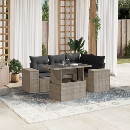 vidaXL - 5-delige - Loungeset - met - kussens - poly - rattan - lichtgrijs