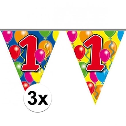 1 jaar Leeftijd versiering vlaggenlijn - 3x - vlaggetjes - slinger - 10 meter - kunststof