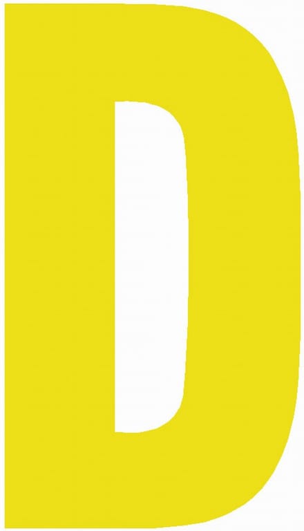Lettersticker D GEEL 10x5cm, plakletter, huisnummersticker, toevoeging huisnummer