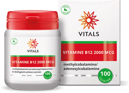 Vitals Vitamine B12 2000 mcg - 100 zuigtabletten. Hoge dosering van de biologisch actieve vormen methylcobalamine en adenosylcobalamine.