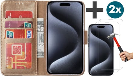Hoesje met 2 Stuks Screenprotectors Geschikt voor iPhone 15 Pro Max – Arara bookcase met pasjeshouder - Goud