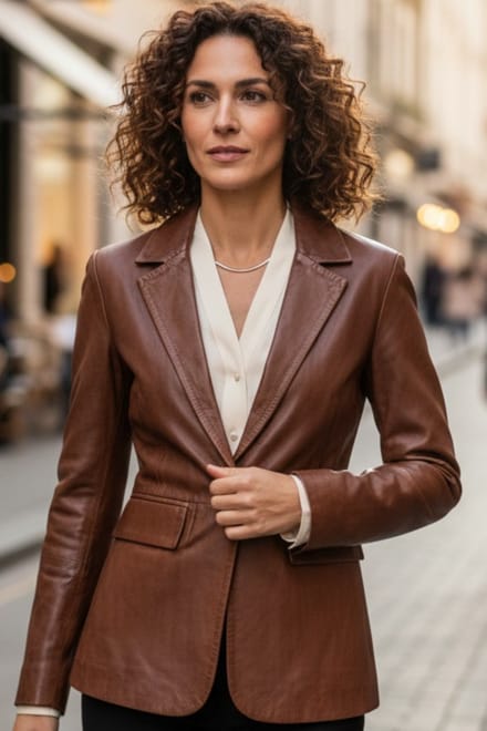 Dames beige Italiaanse leren blazerjas - Eclipse