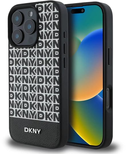 DKNY - Backcover iPhone 16 Pro - Repeat Pattern Bottom Stripe - MagSafe - Zwart