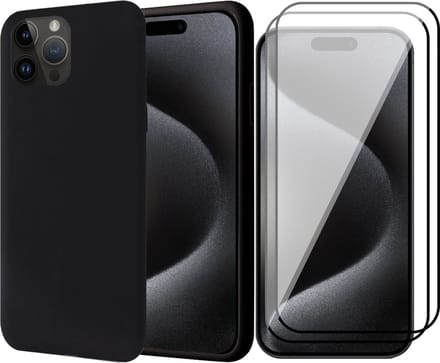 Hoesje geschikt voor iPhone 15 Pro Max - 2x Screen Protector FullGuard - Back Cover Case SoftTouch Zwart & Screenprotector