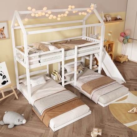 OKWISH Stapelbedden Voor Kinderen - 90x200 - Drie Bedden - Met Glijbaan - Hout - Wit