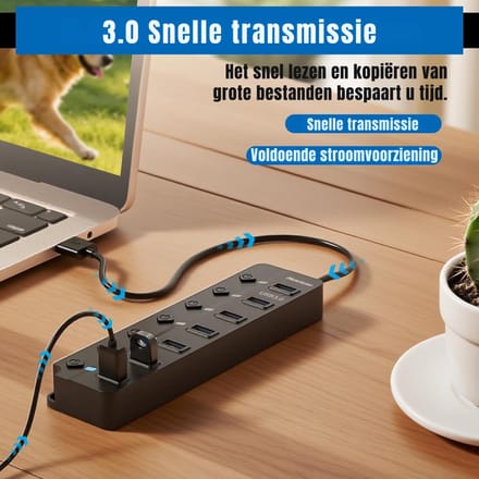 RONN® USB Hub met Voeding - USB Hub - USB Splitter - Zwart - 18cm x 18cm x 2cm