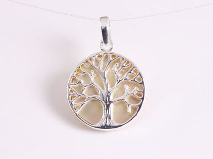 Fijne ronde zilveren hanger met levensboom op goudkleurige schelp