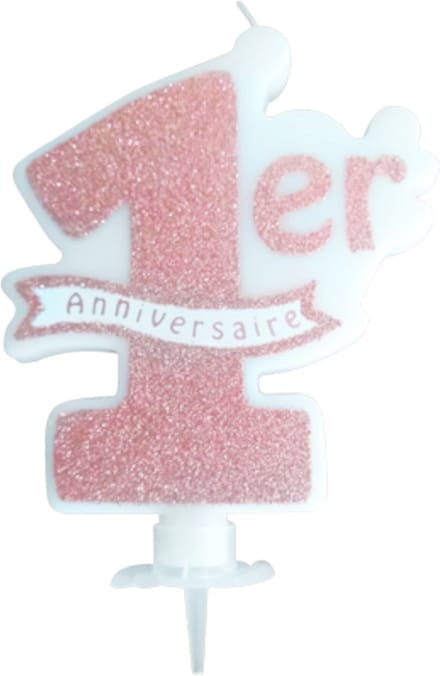 ARTYFETES - 1e Verjaardagskaars roségoud glitter 10 x 8 cm met taarthouder