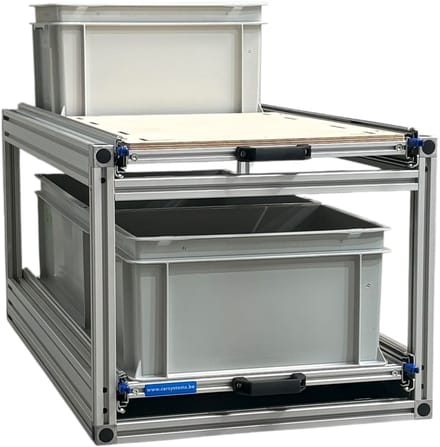 Schuifframe dubbel 90x40 cm inclusief 3 open bakken met multiplex berk 9 mm bovenplaat