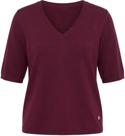 Ulla Popken - Dames - Trui elastische zoom V-hals korte mouw glitter - Wijnrood - Maat 58+