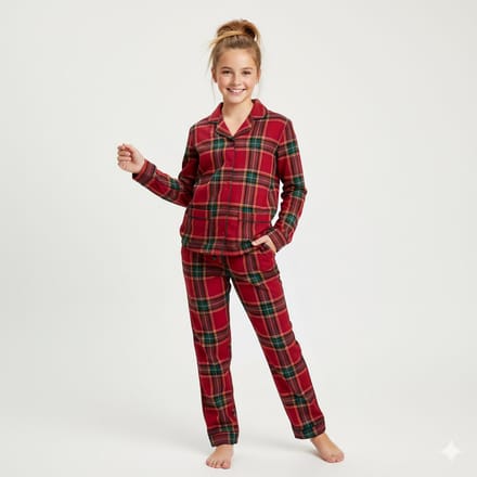 La-V Flanel pyjama set voor meisjes met geruit patroon Rood 152-158