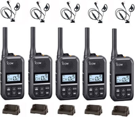 Set van 5 Icom IC-U20SR IP54 mini Portofoon met tafel lader en D-shape oortje