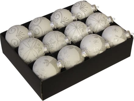 Othmar Decorations Kerstballen 12x - wit met zilver - 7,5 cm - glas - luxe gedecoreerde kerstballen