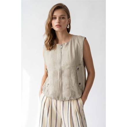 Dames Woven Poplin Mouwloos Vest Met Rits Voorkant