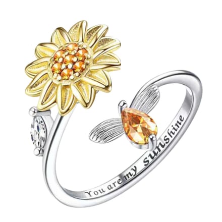 Anxiety Ring - (Draairing Zonnebloem/Bij) - Stress Ring - Fidget Ring - Anxiety Ring For Finger - Draaibare Ring Dames - Spinning Ring - Spinner Ring - (Koper) Silver-plated