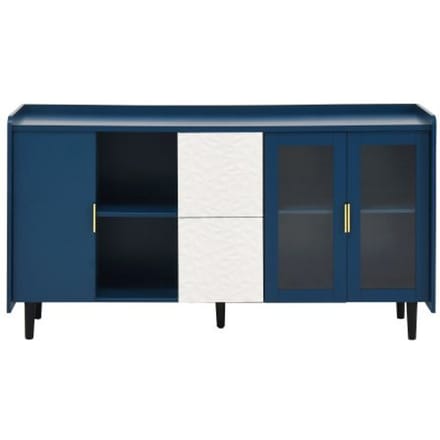 Armoire de rangement de 55 pouces comprenant deux tiroirs, deux compartiments de rangement ouverts et deux portes vitrées.