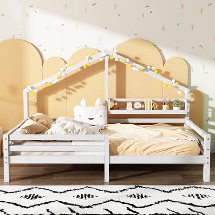 Gutent Kinderbed, Wit (Zonder matras), met Opbergplanken, Huislijst, 90x200cm