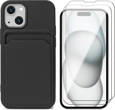 Hoesje Pasjeshouder geschikt voor iPhone 15 - 2x Screenprotector GlassGuard - Siliconen Case Back Cover Zwart & Screen Protector
